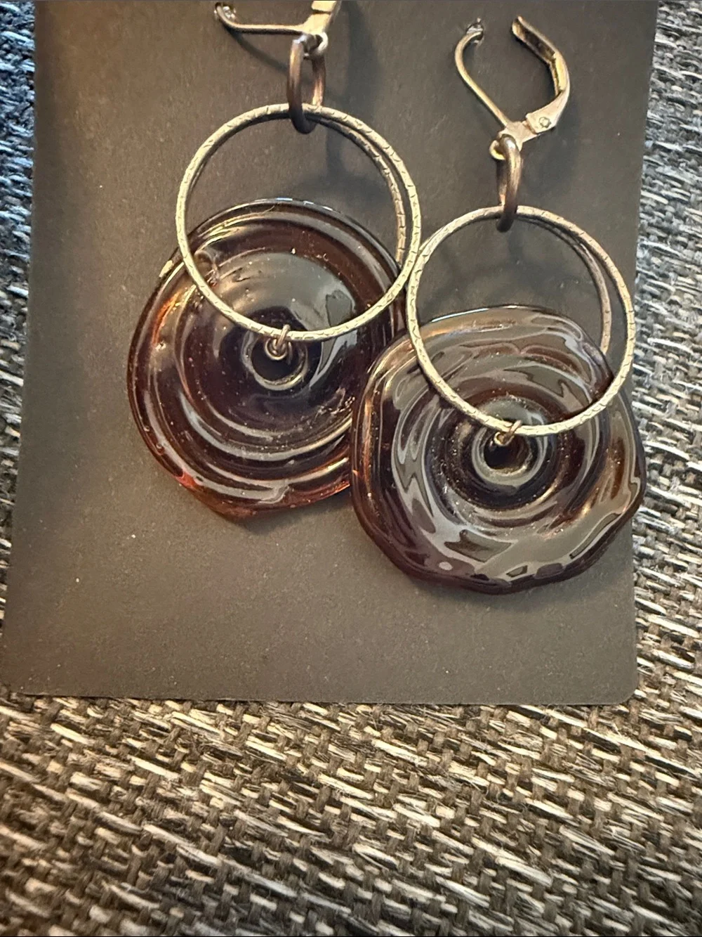 Earrings Gold Tone Hoop Brown Glass Disc Rose Drop Dangle Jewelry